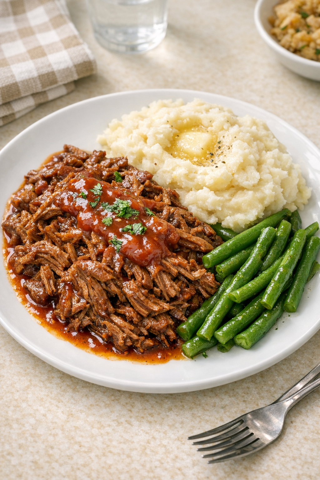 Finished Amish ketchup beef plated with sauce