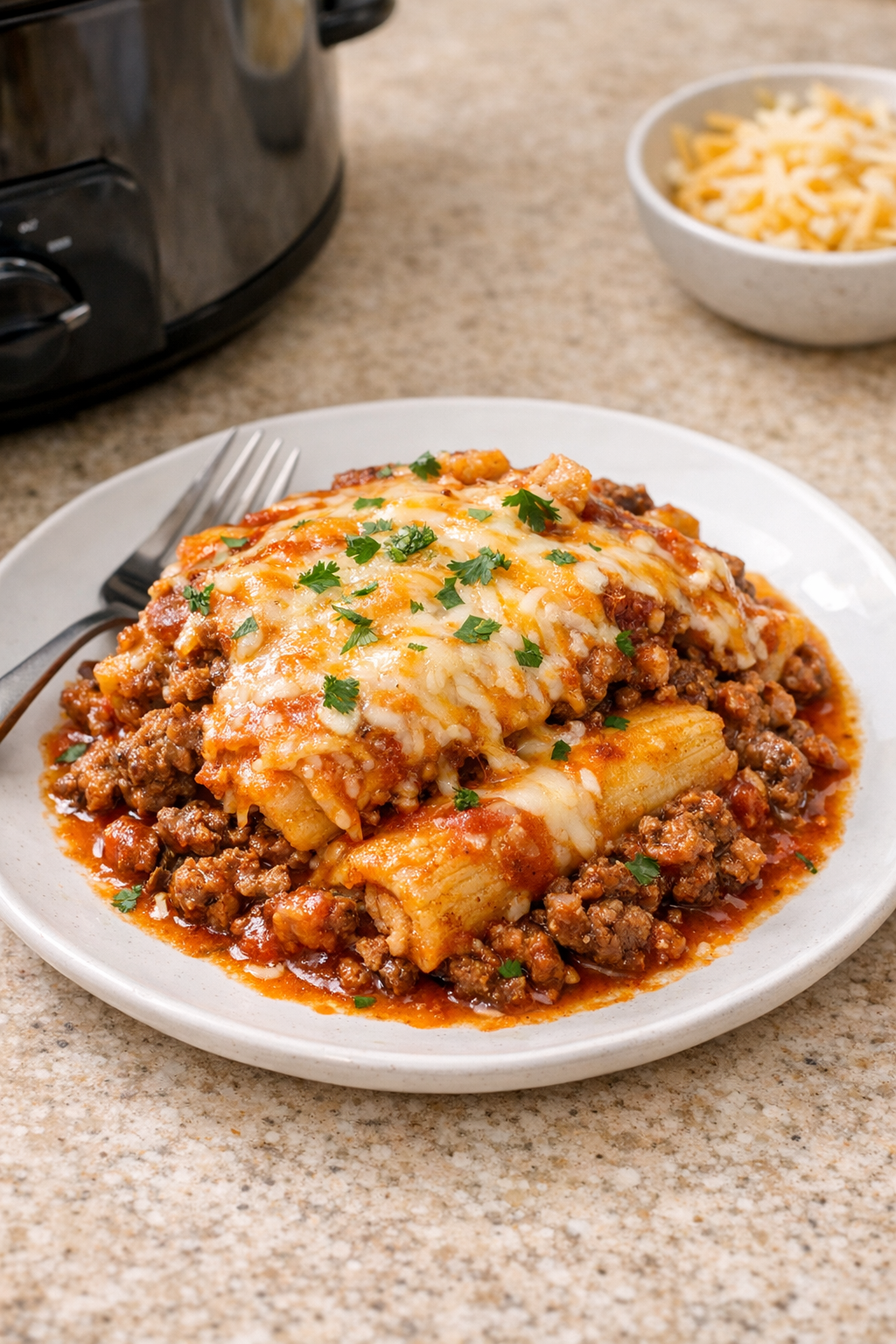 Finished slow cooker tamale beef bake plated with melted cheese