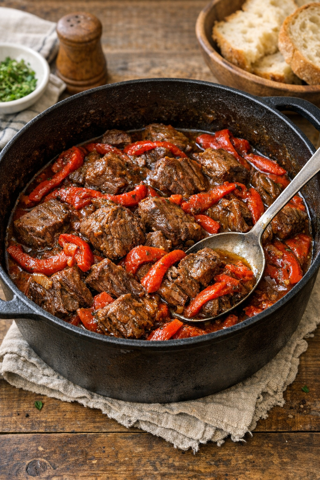 Finished Amish beef and pepper bake in a dutch oven