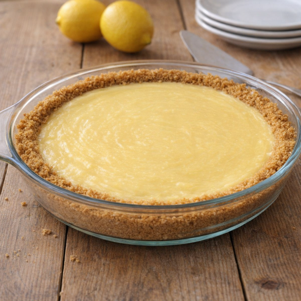 Fresh lemon icebox pie on a kitchen table