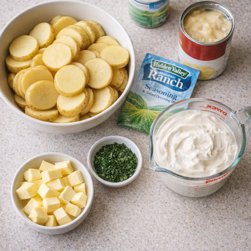 Sliced gold potatoes and ranch ingredients arranged on a kitchen counter