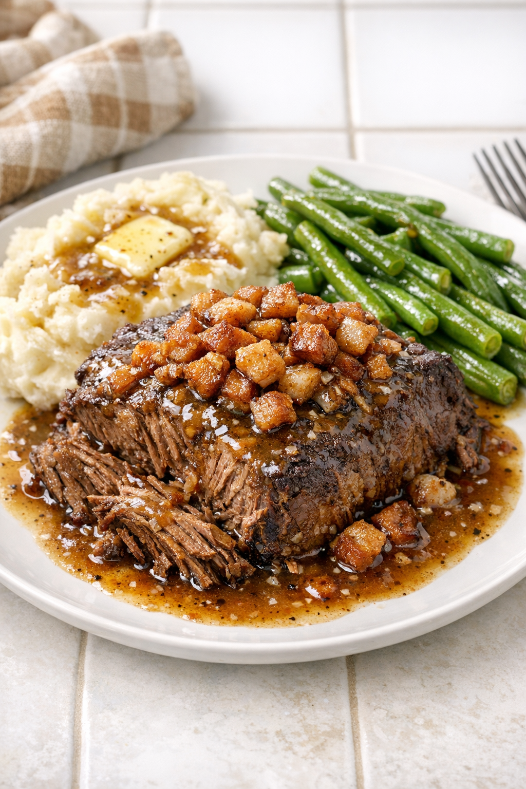 Finished Amish-style salt pork beef pot roast plated with savory juices
