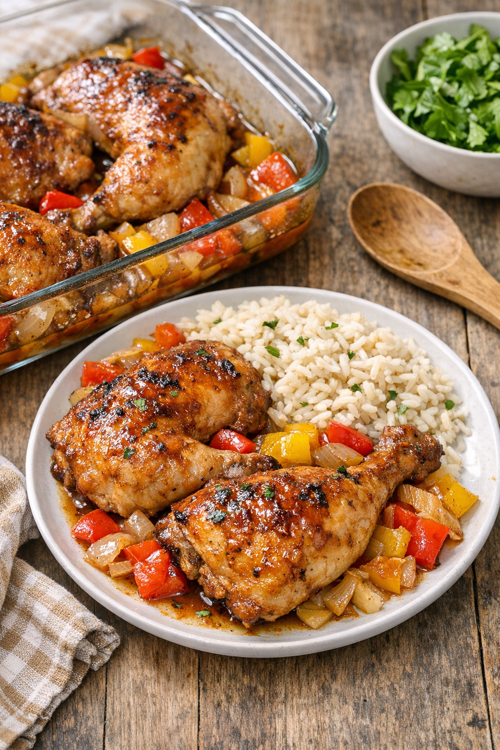Baked picnic chicken leg quarters in a glass casserole dish