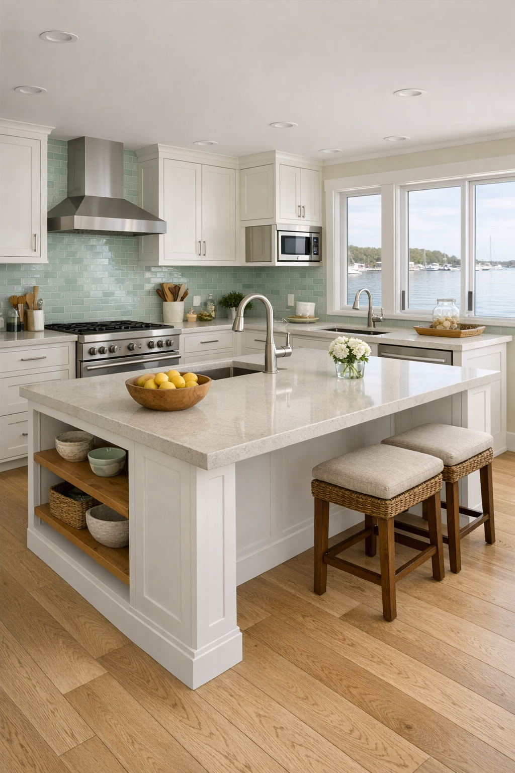 Barrier-free coastal kitchen with shaker cabinets, pale quartz counters, and a large island