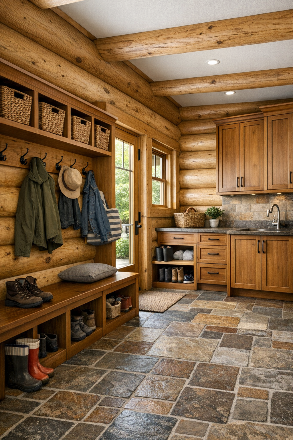Practical log home mudroom with built-in bench, storage cubbies, and durable stone flooring