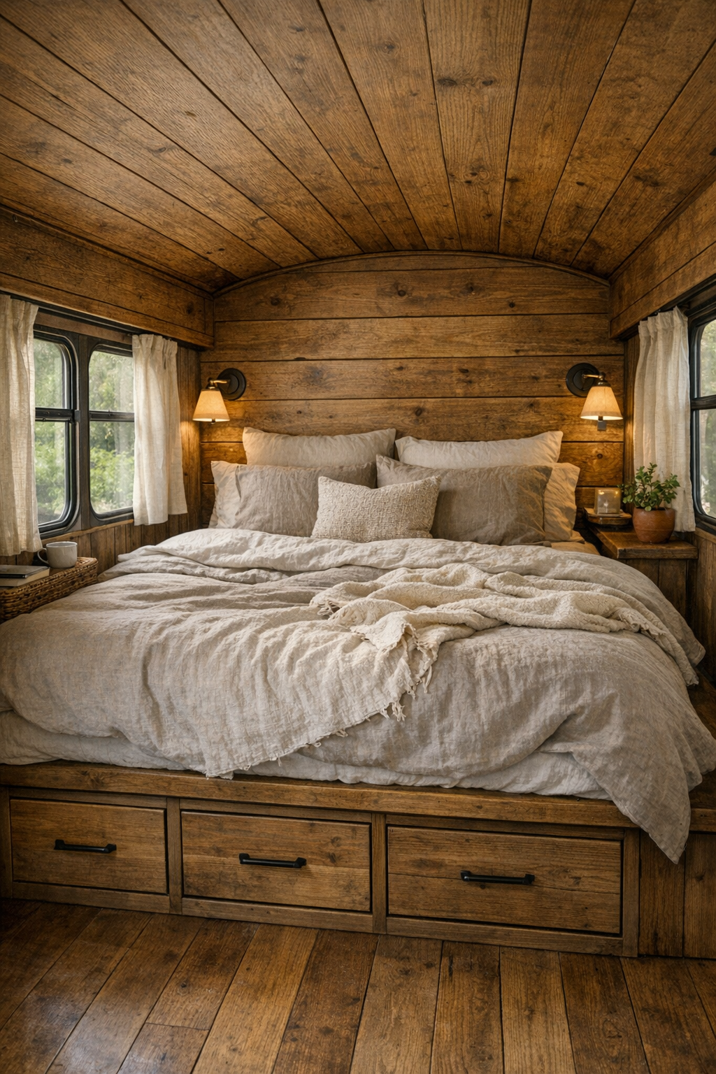 Warm bedroom at the rear of the converted bus with layered neutral bedding and built-in storage