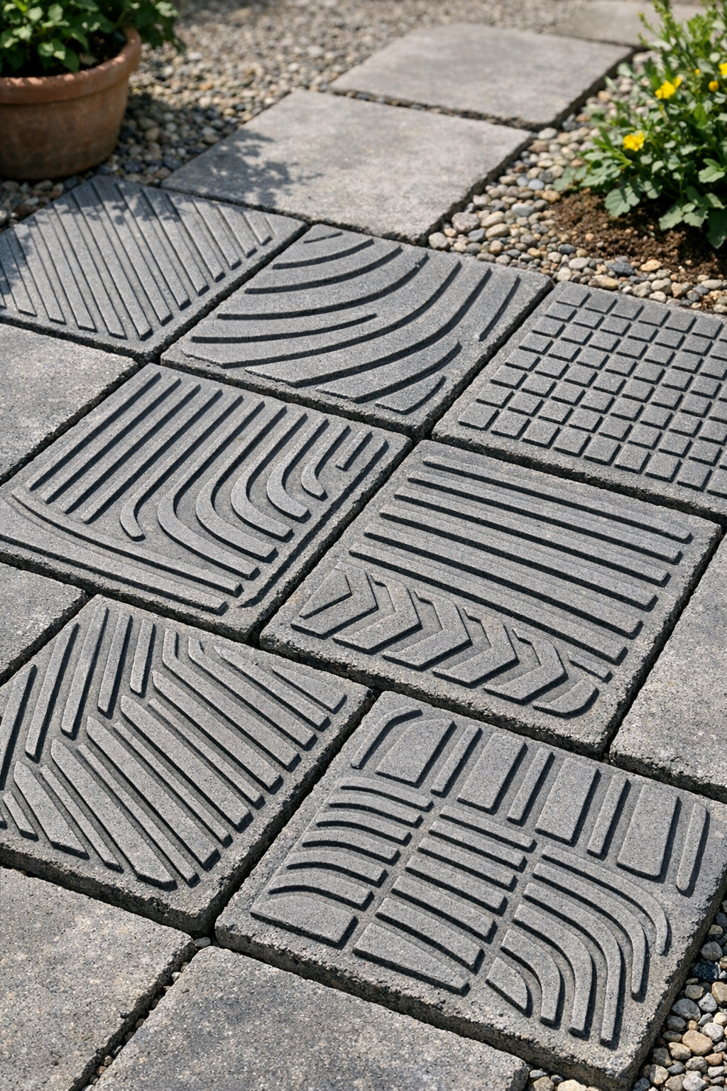 Finished grooved cement patio blocks made from rubber car floor mats
