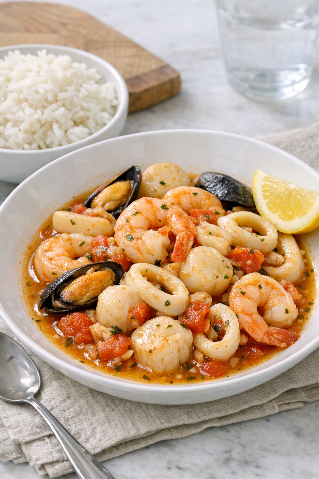 Finished seafood medley plated in a shallow bowl