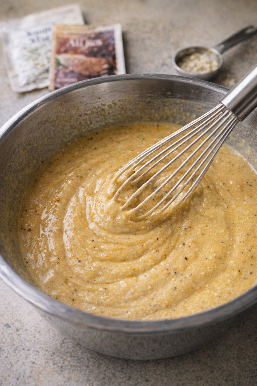 Golden gravy mixture being whisked in a bowl
