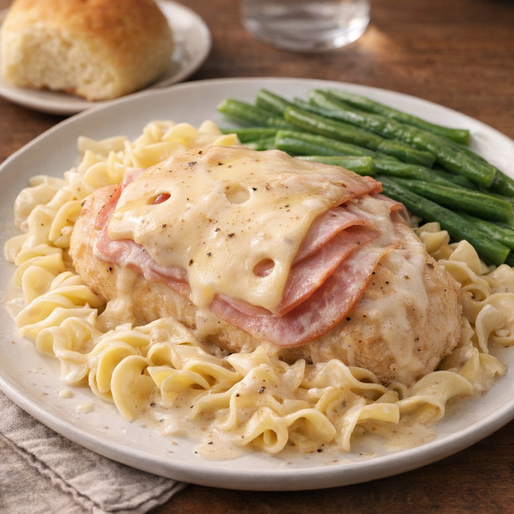 Slow cooker chicken cordon bleu served family-style