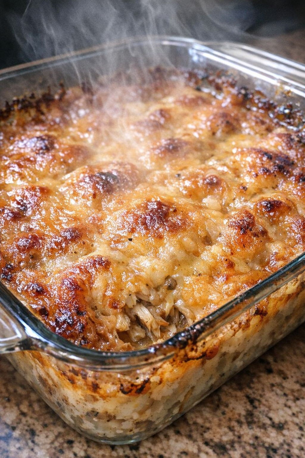 Bubbling baked casserole in a glass dish