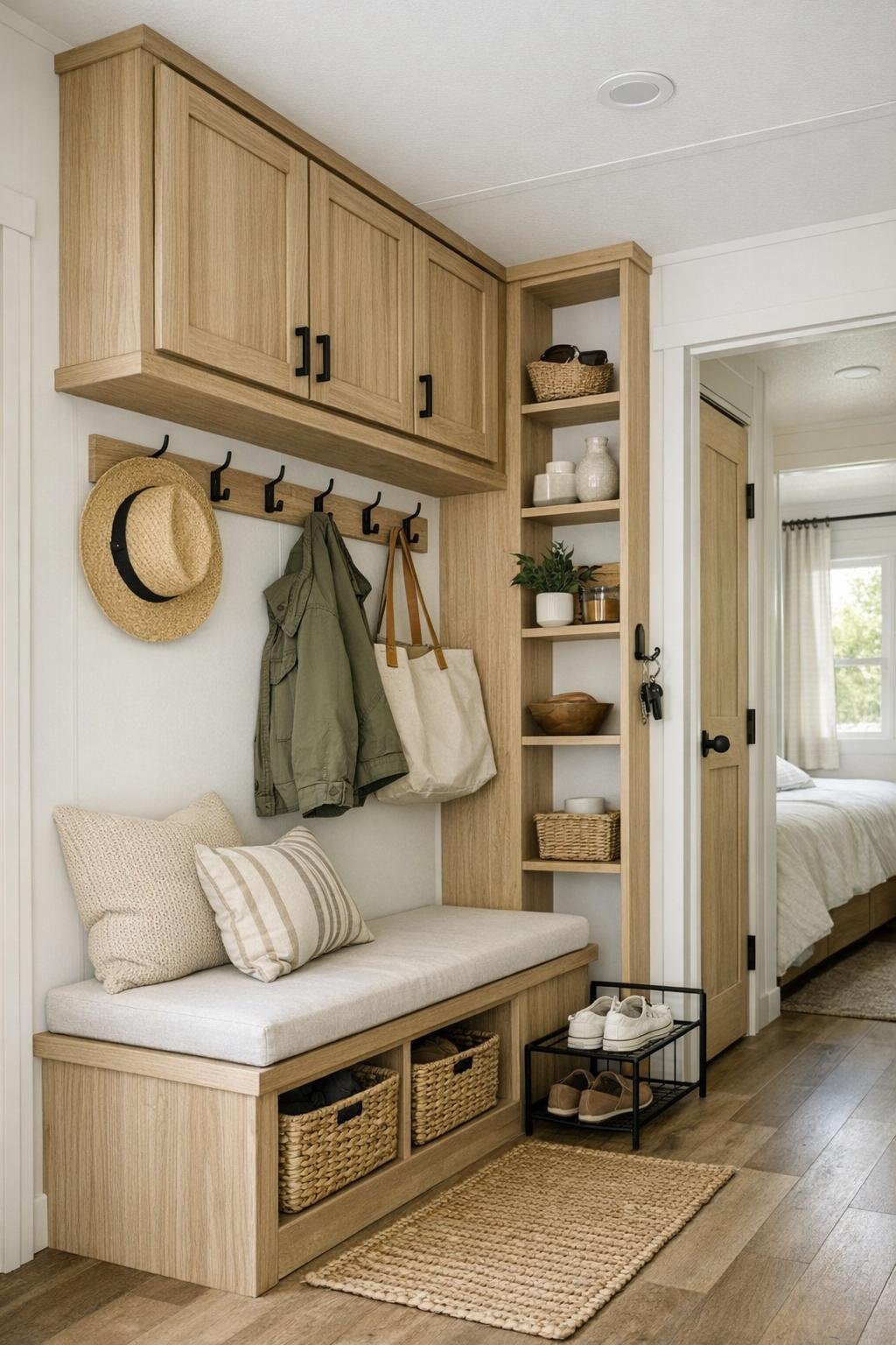 Thoughtful small-space hallway and storage area with built-in bench and shelving