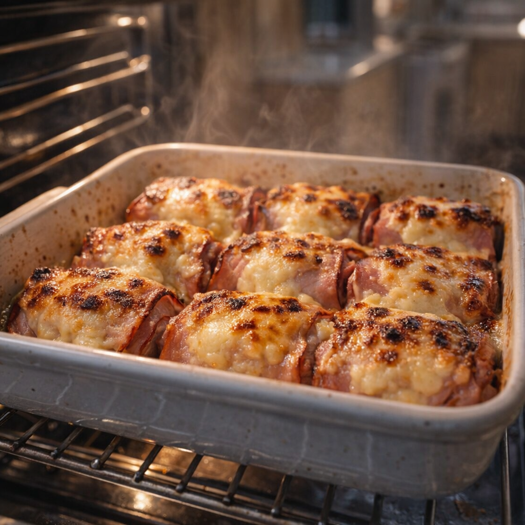 Ham and cheese bake bubbling in the oven with golden brown top