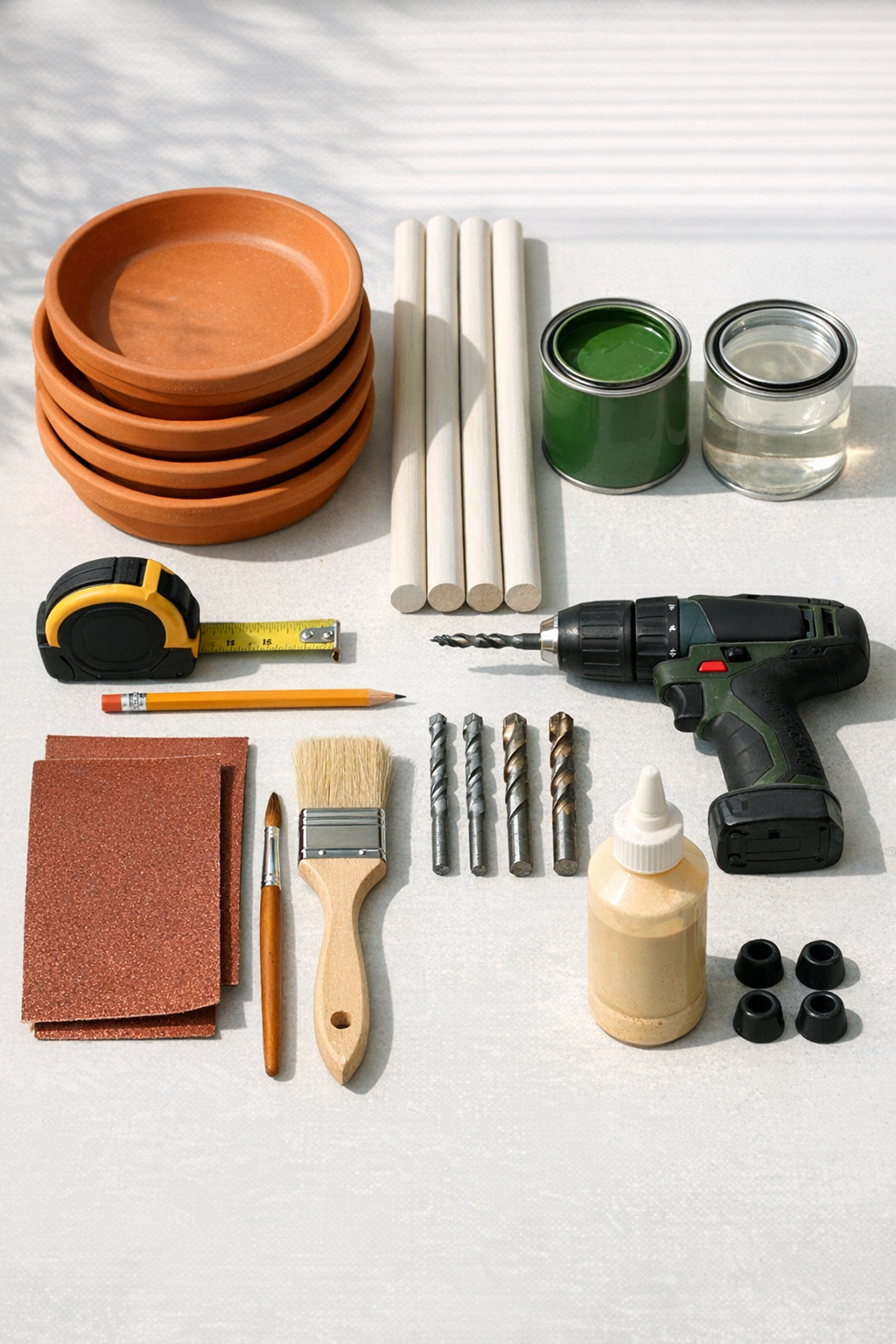 Materials for a terra cotta saucer and wooden dowel plant stand