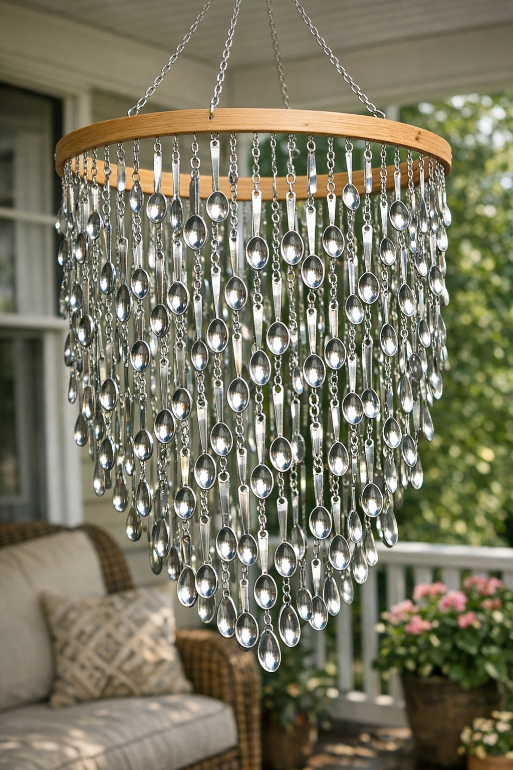 Finished giant measuring spoon wind chimes hanging on a porch