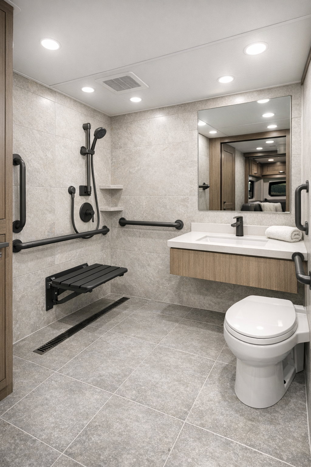 Accessible RV bathroom with curbless shower, pale stone surfaces, and charcoal fixtures