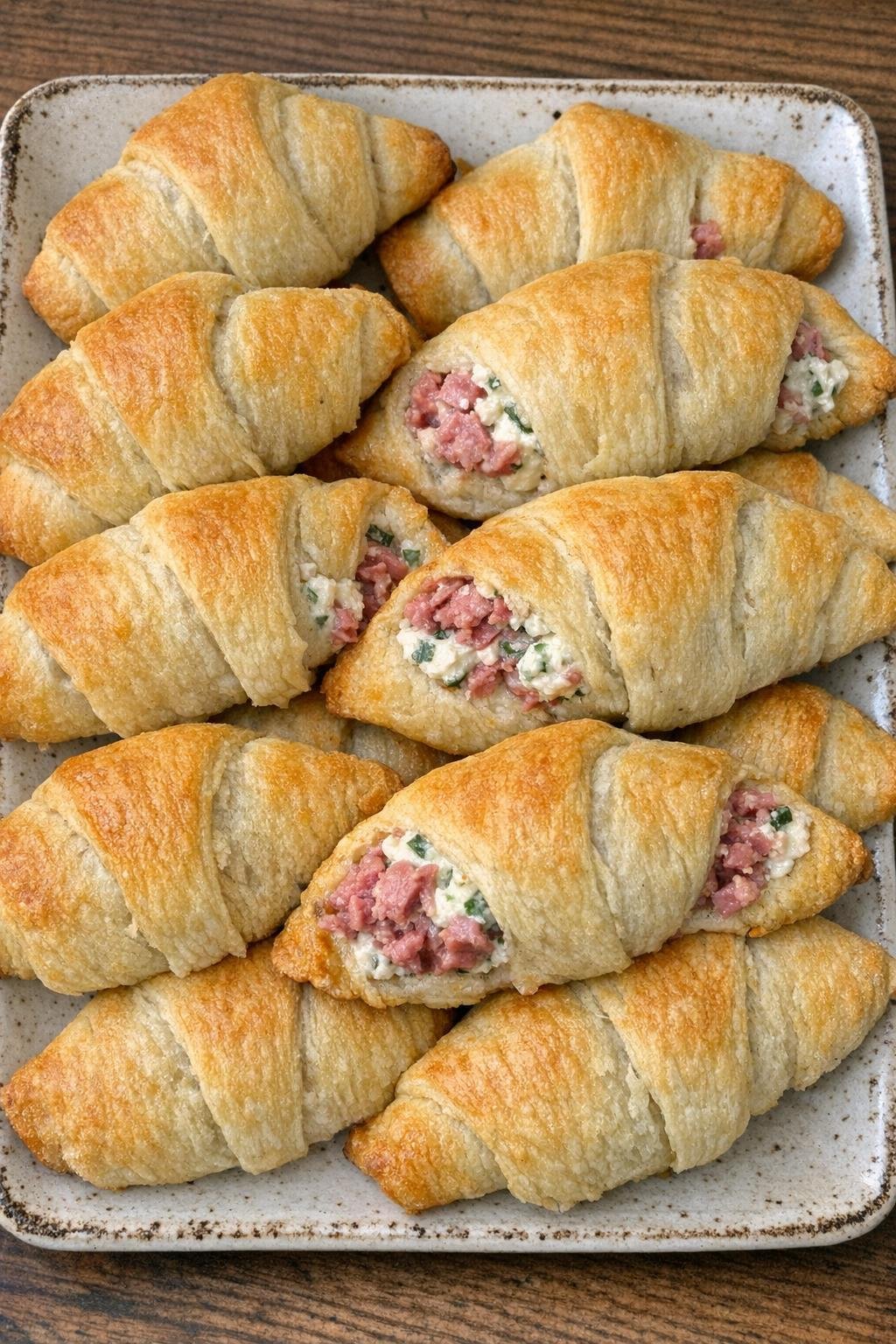 Flaky golden crescent folds stuffed with corned beef and garden vegetable cream cheese on a stoneware platter