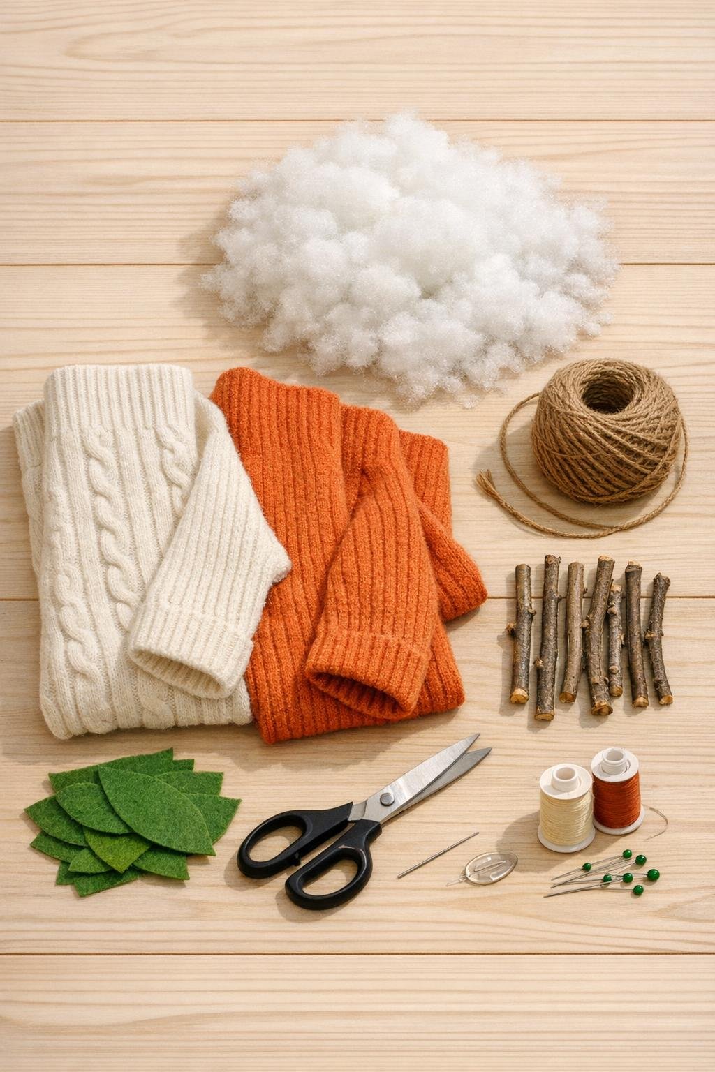 Old wool sweater sleeves, stuffing, twine, felt, and scissors laid out for making fabric pumpkins