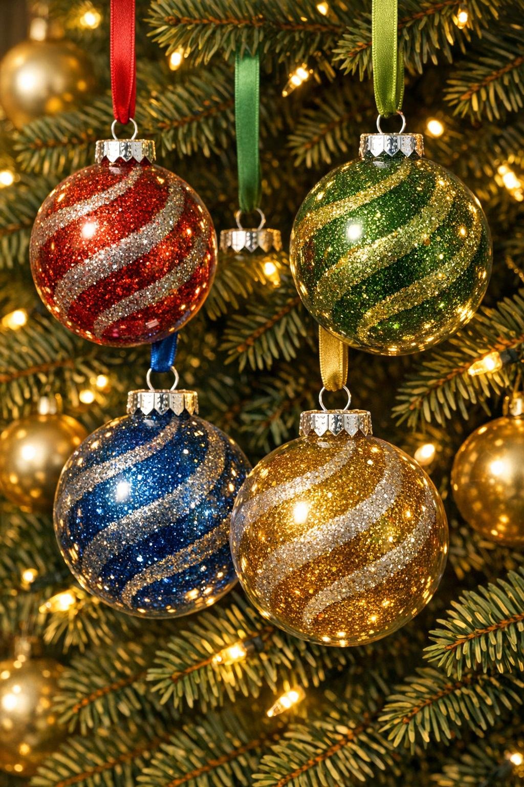 Finished glitter swirl ornaments hanging on a decorated Christmas tree