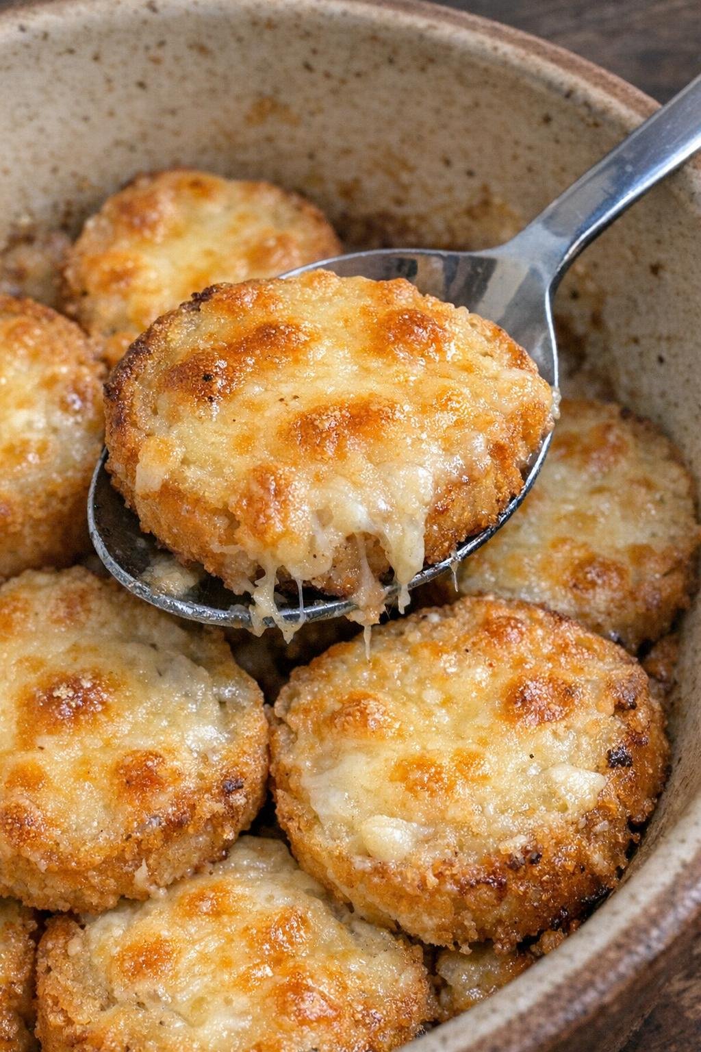Crispy golden baked rounds with bubbly melted cheese in a stoneware dish