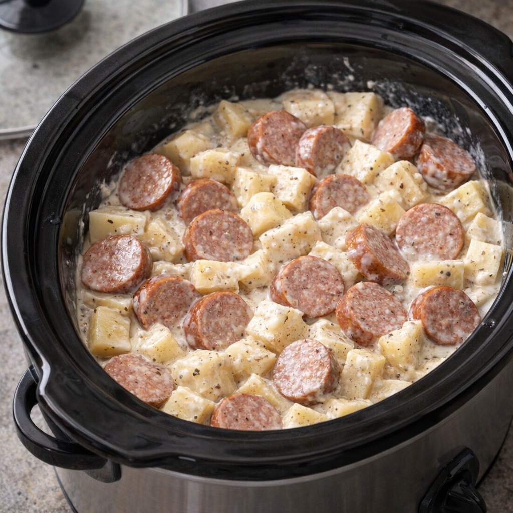 Slow cooker filled with sausage potatoes and creamy sauce before cooking