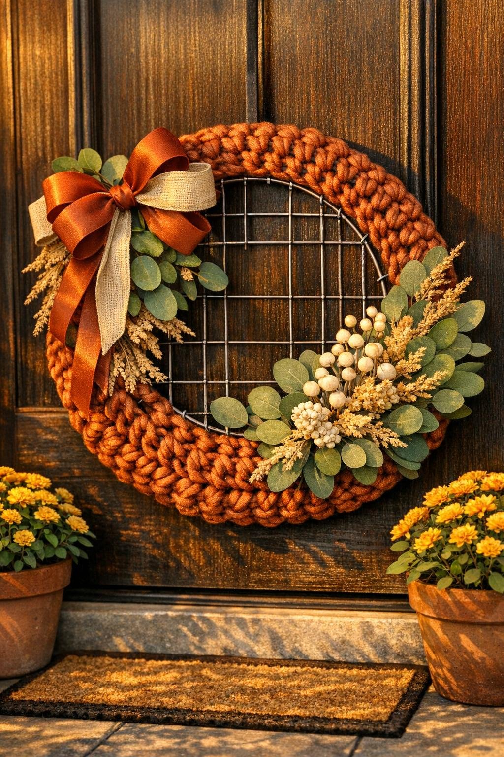 Finished crochet porch wreath made from a metal trivet hanging on a front door
