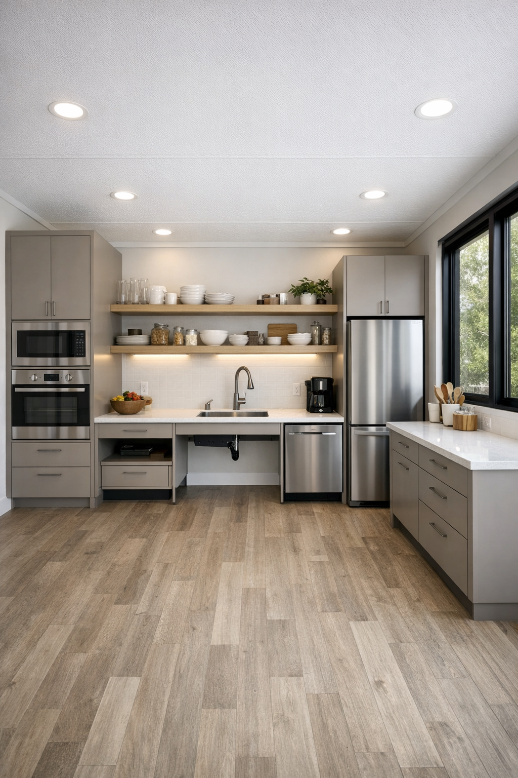 Pale taupe accessible kitchen with white quartz counters and light wood shelving