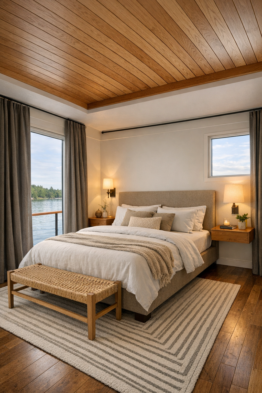Serene bedroom with upholstered bed, oak nightstands, and water-facing windows