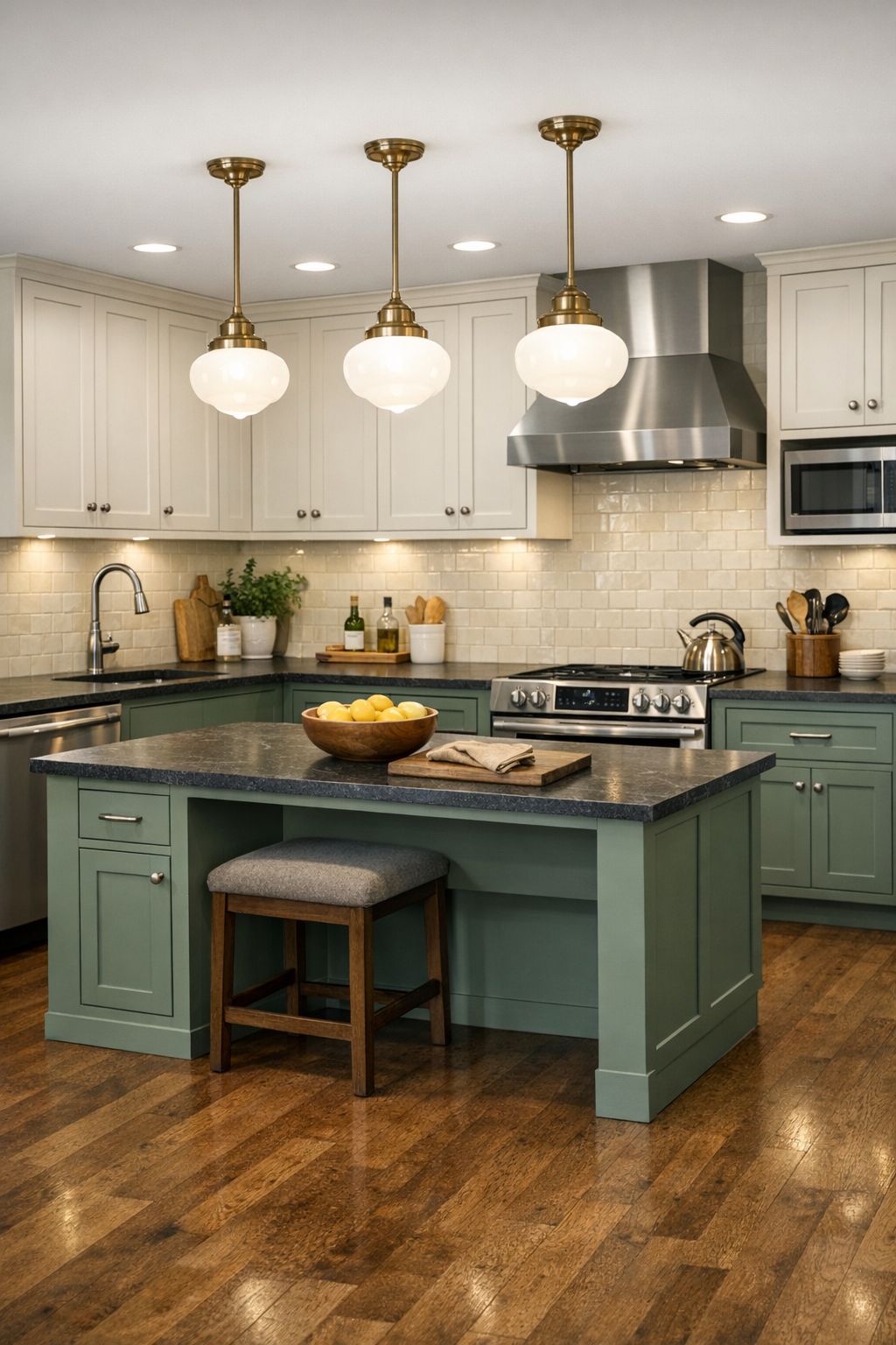 Accessible Craftsman kitchen with sage cabinetry, soapstone counters, and a practical center island