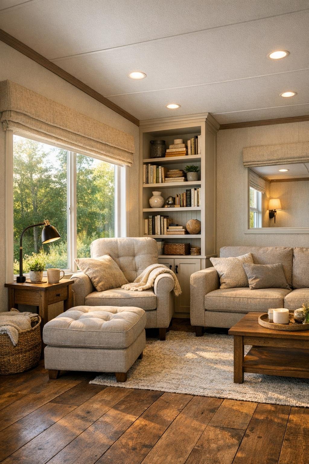 Cozy living room with a window reading nook, soft neutral furniture, and warm wood finishes