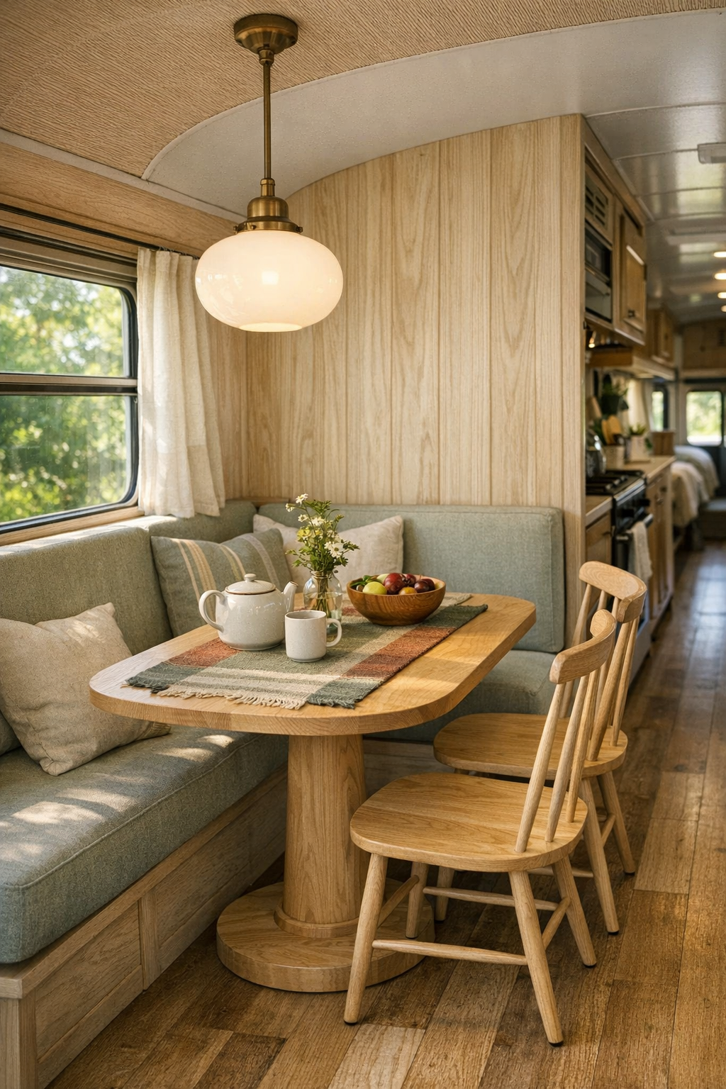 Built-in dining nook inside a converted bus with banquette seating and ash table