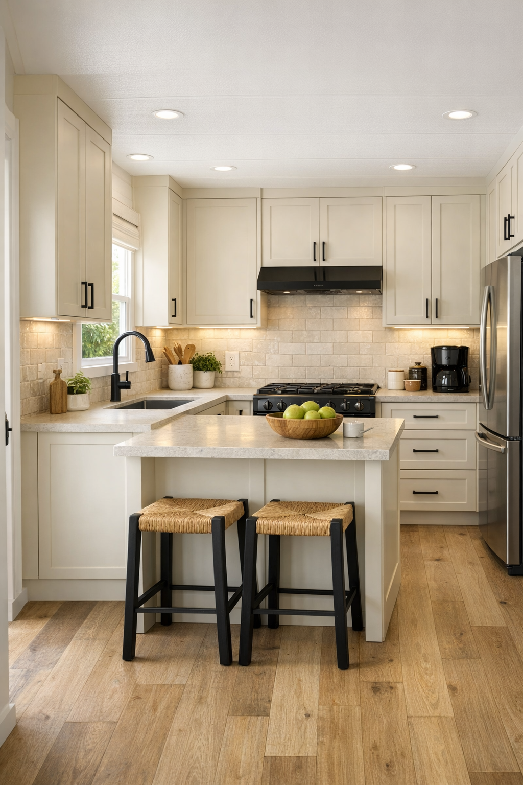 Creamy vanilla kitchen with flat-panel cabinets, pale stone counters, and a compact island