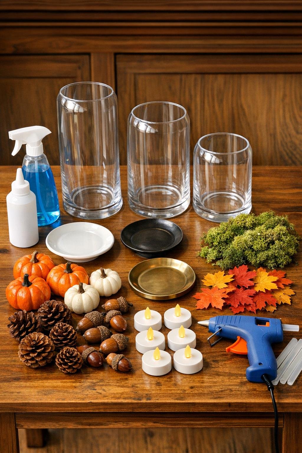 Thrifted glass vases, bases, and fall decorating materials laid out on a table