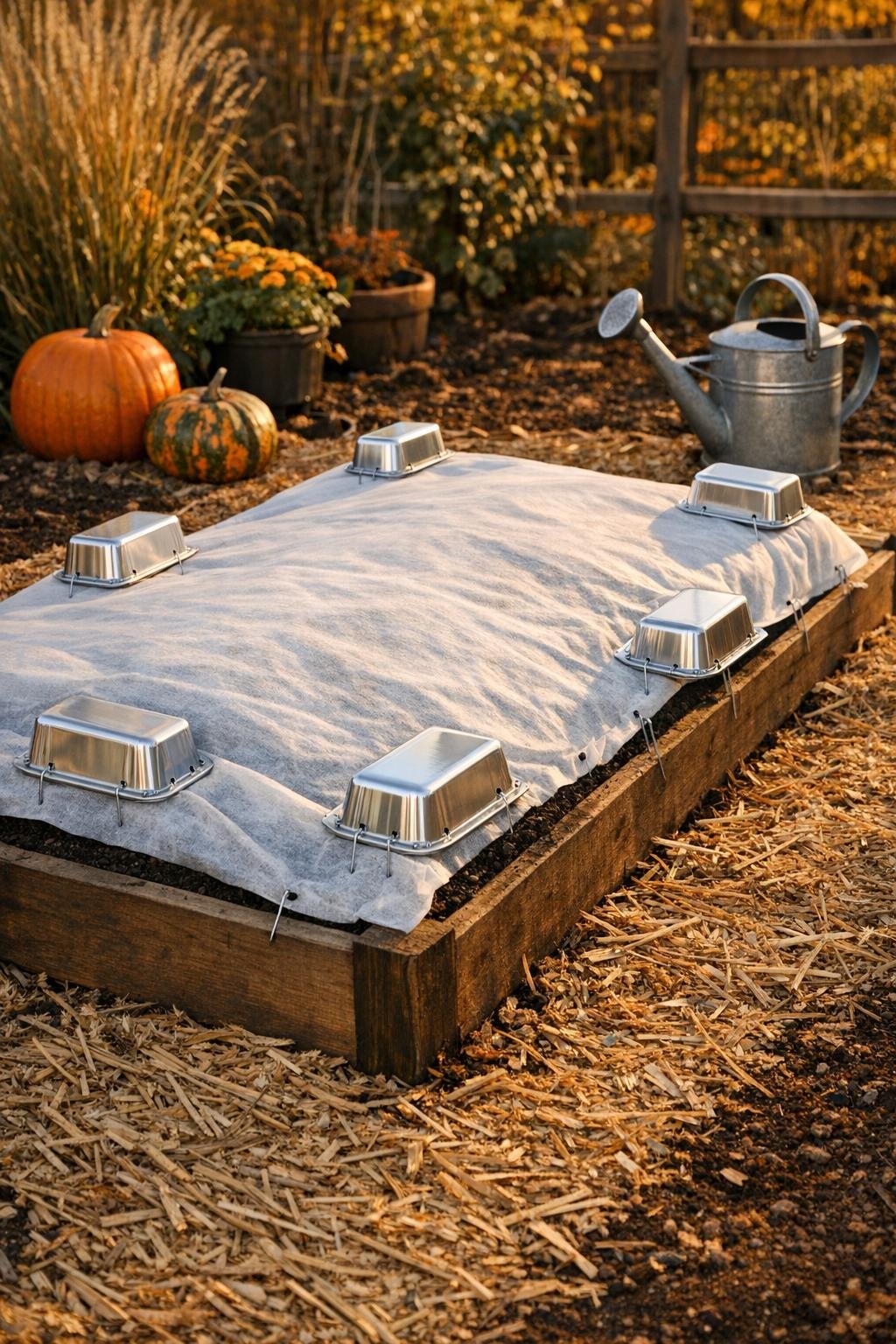 Finished fall garden bed with cover secured by aluminum loaf pan anchors