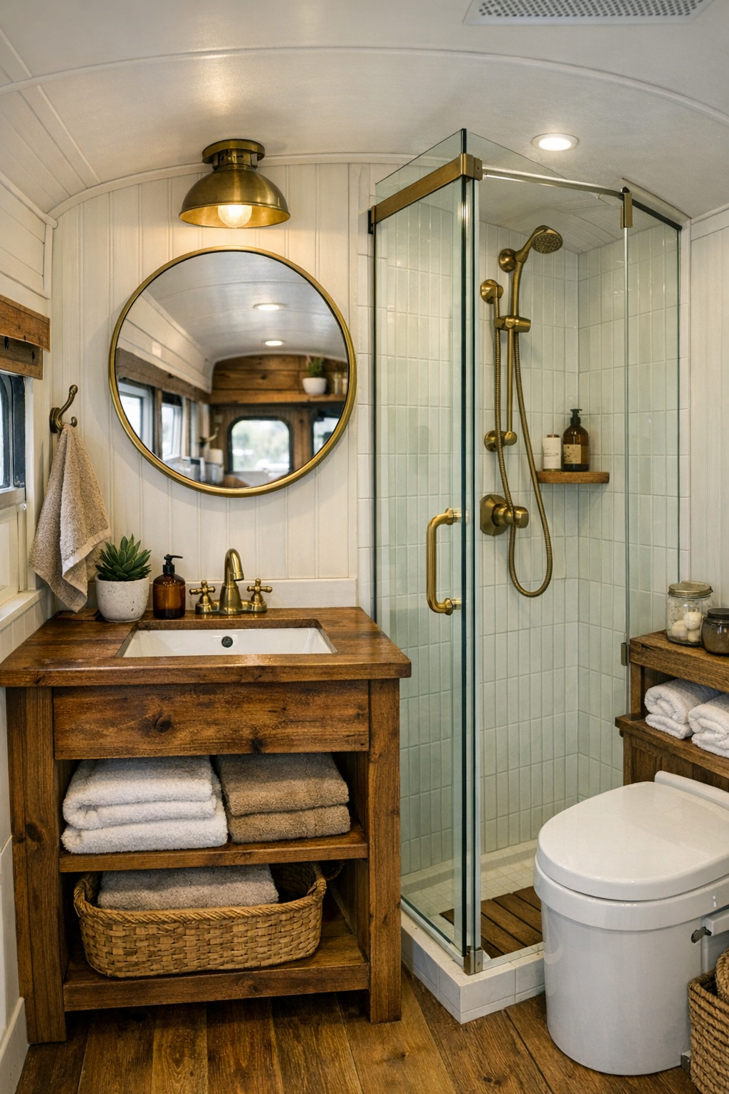 Small rustic bathroom in the bus with wood vanity, tiled shower, and brass fixtures