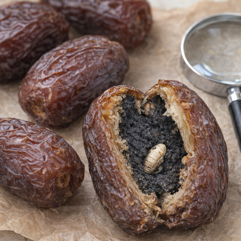 Dates inspected under bright kitchen light