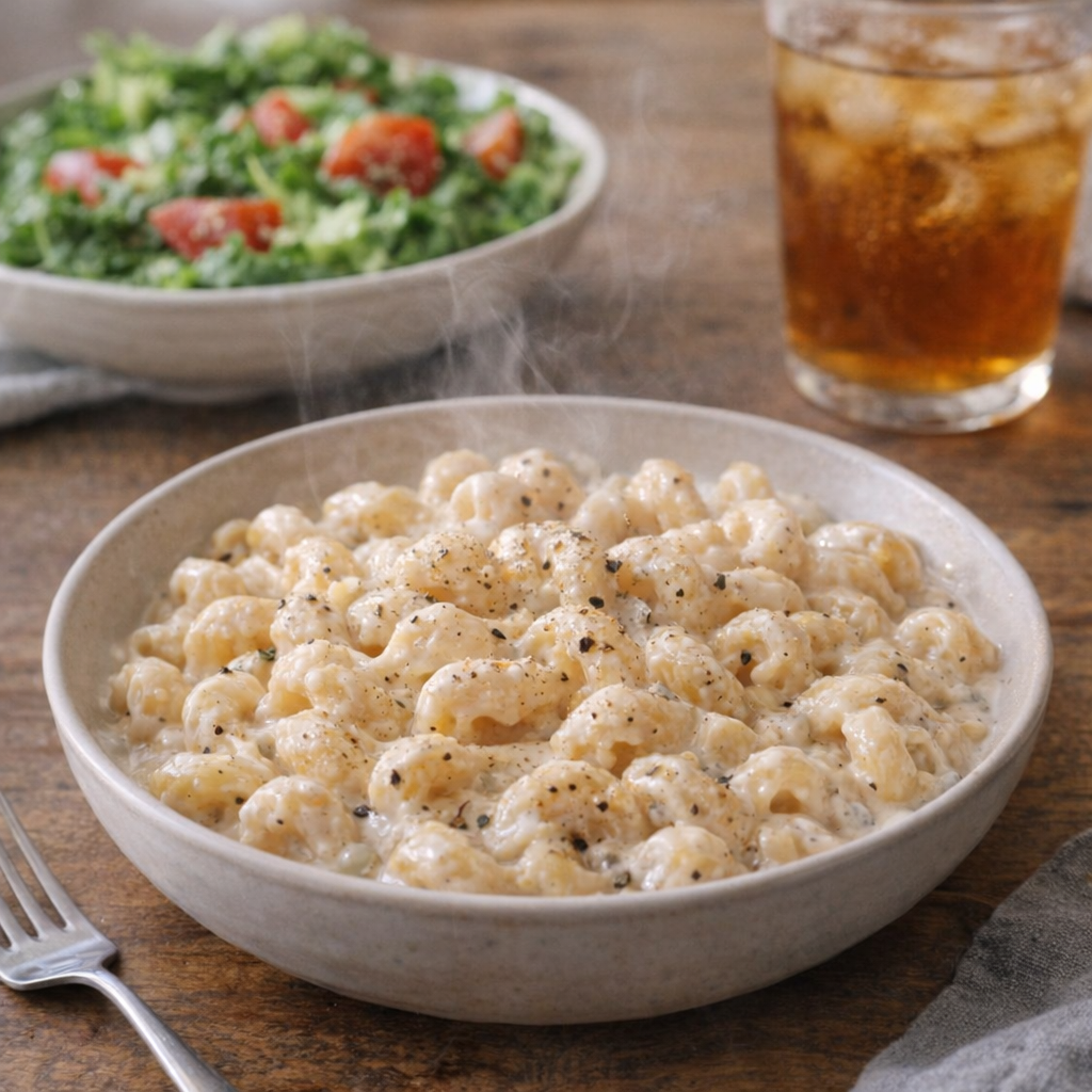 Bowl of creamy ranch pasta with salad and iced tea