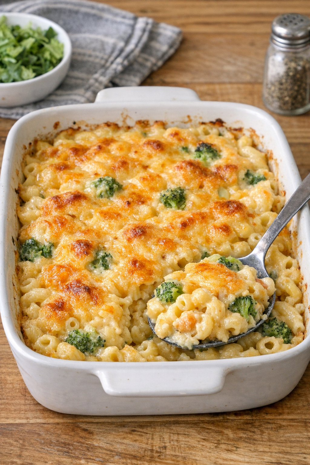 Finished baked broccoli cheese macaroni in a casserole dish
