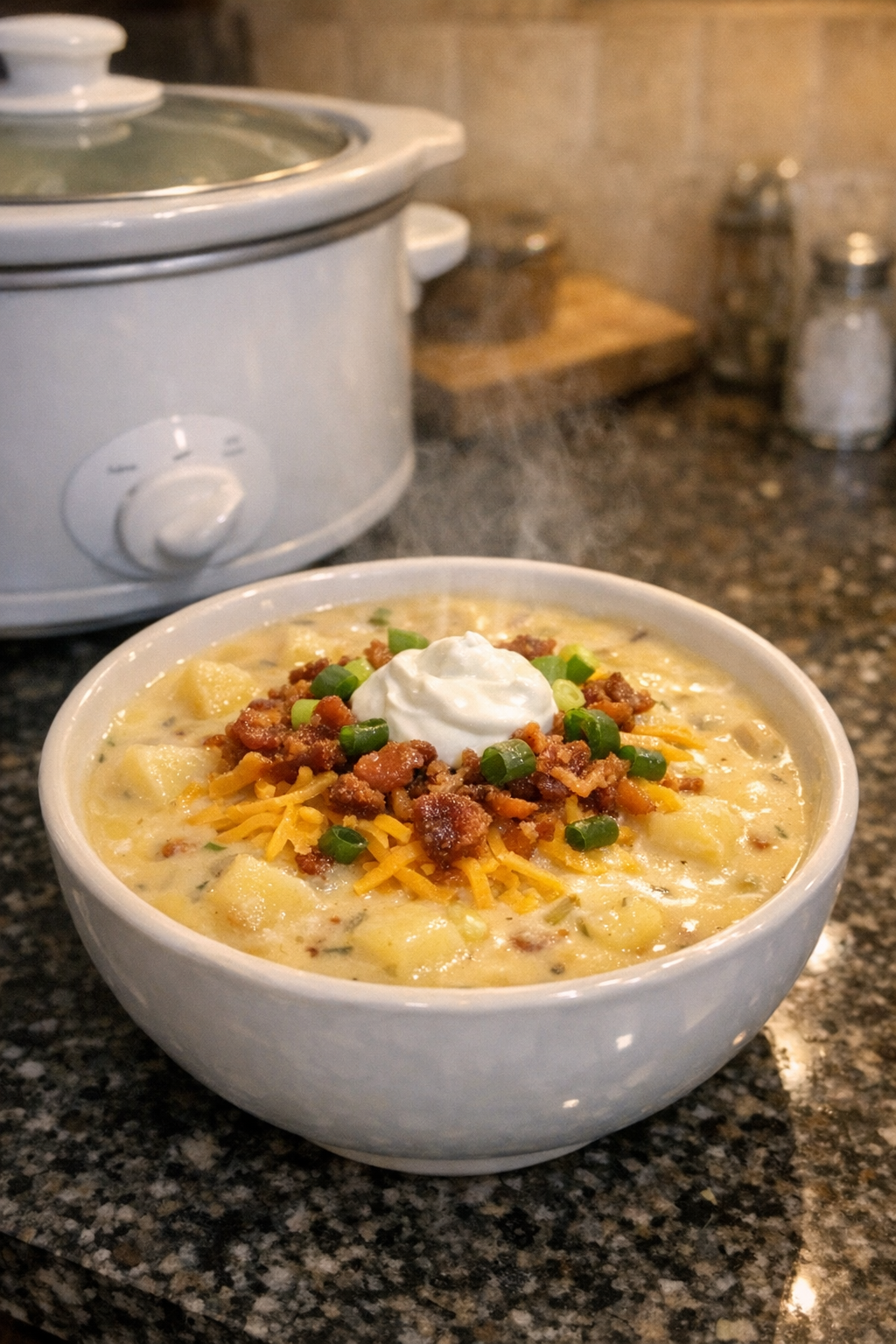 Finished loaded potato soup served in a bowl