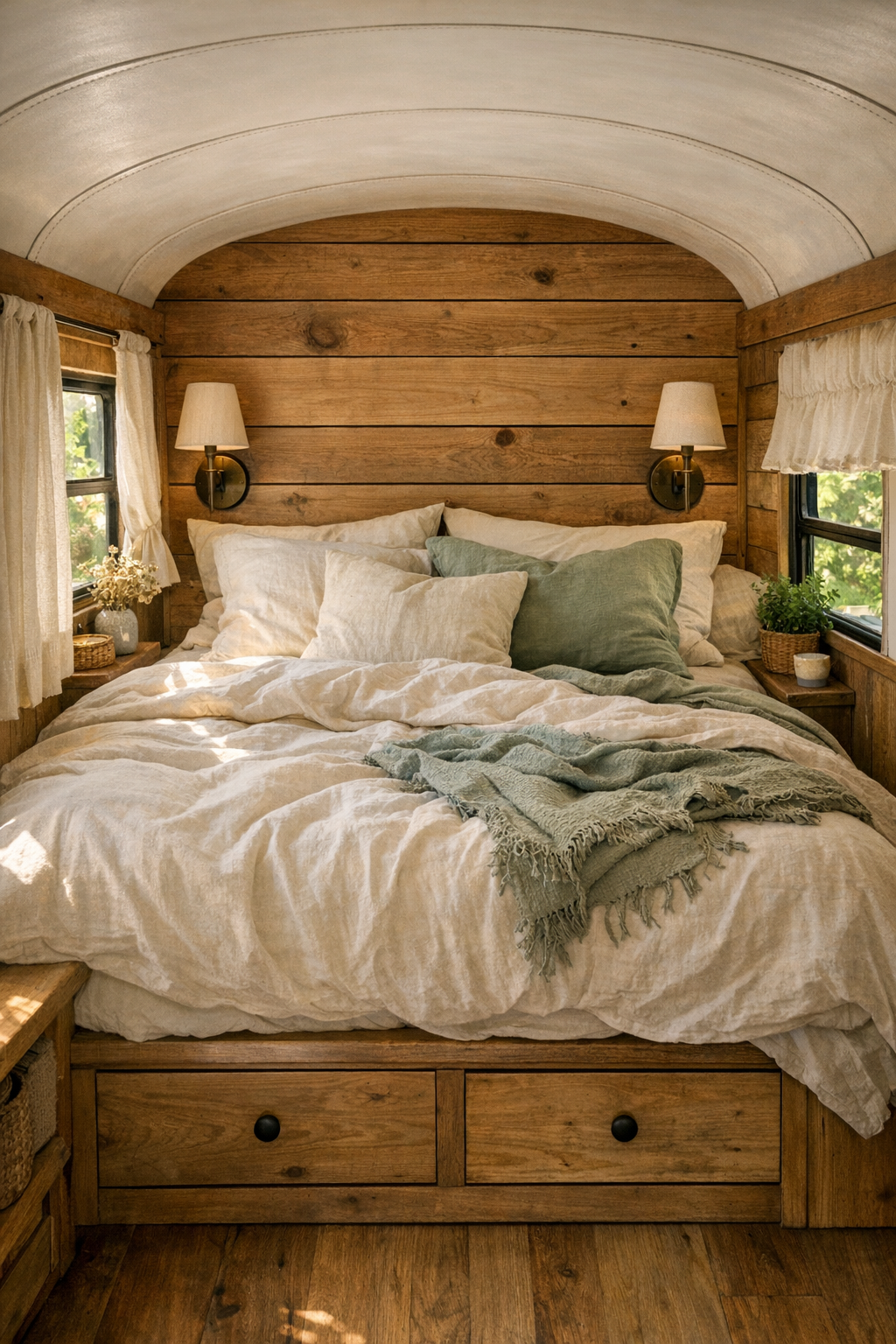 Cozy bus bedroom with built-in bed, linen bedding, and wood-clad walls