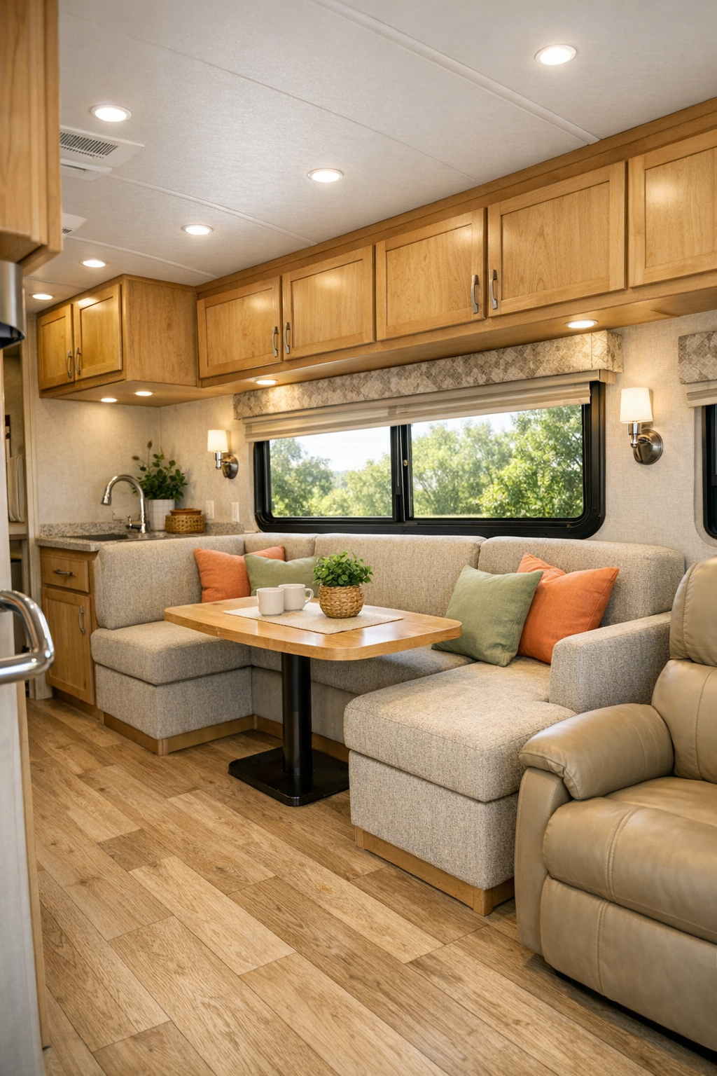 Bright accessible RV living room with oatmeal banquette, maple cabinetry, and apricot accents