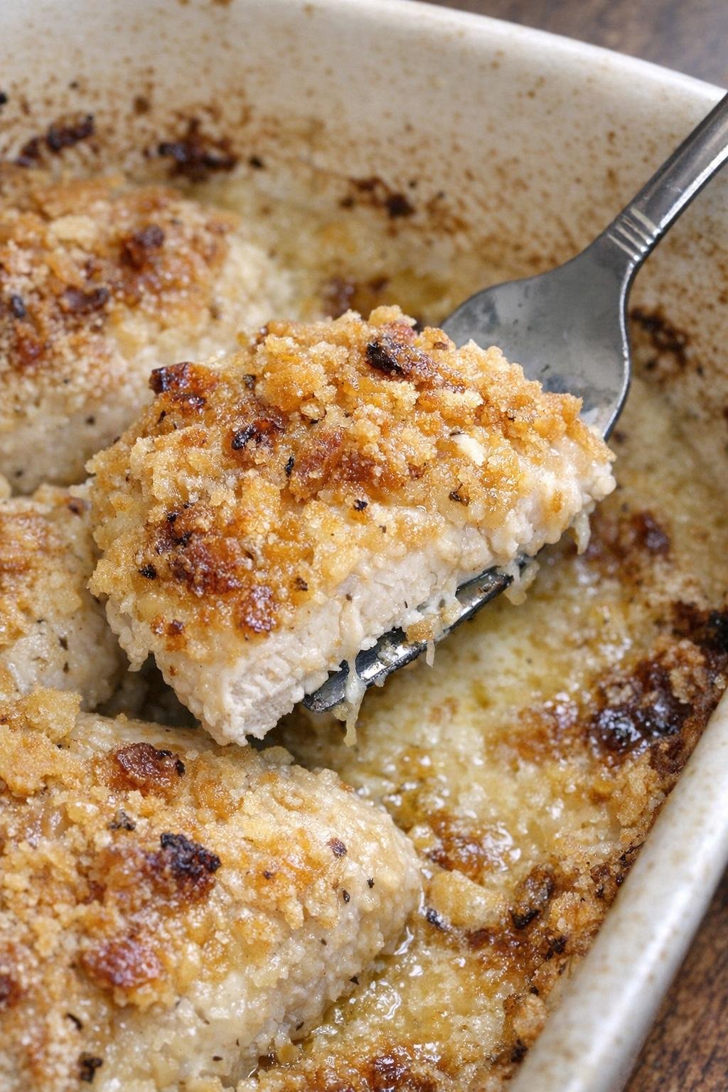 Crispy golden topped chicken in a stoneware casserole dish