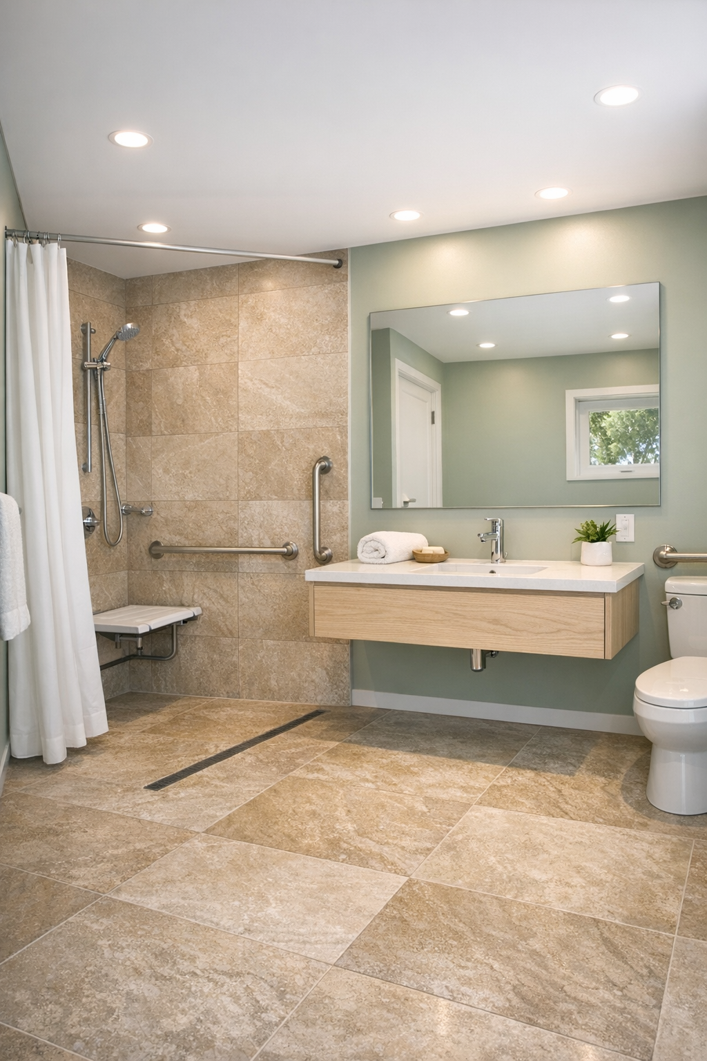 Bright accessible bathroom with curbless shower, floating vanity, and warm stone tile