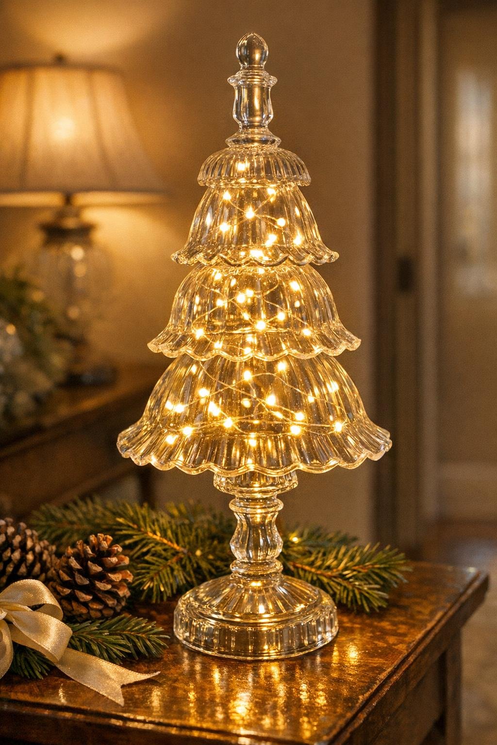 Finished stacked glass shade tree glowing with fairy lights on a decorated holiday table