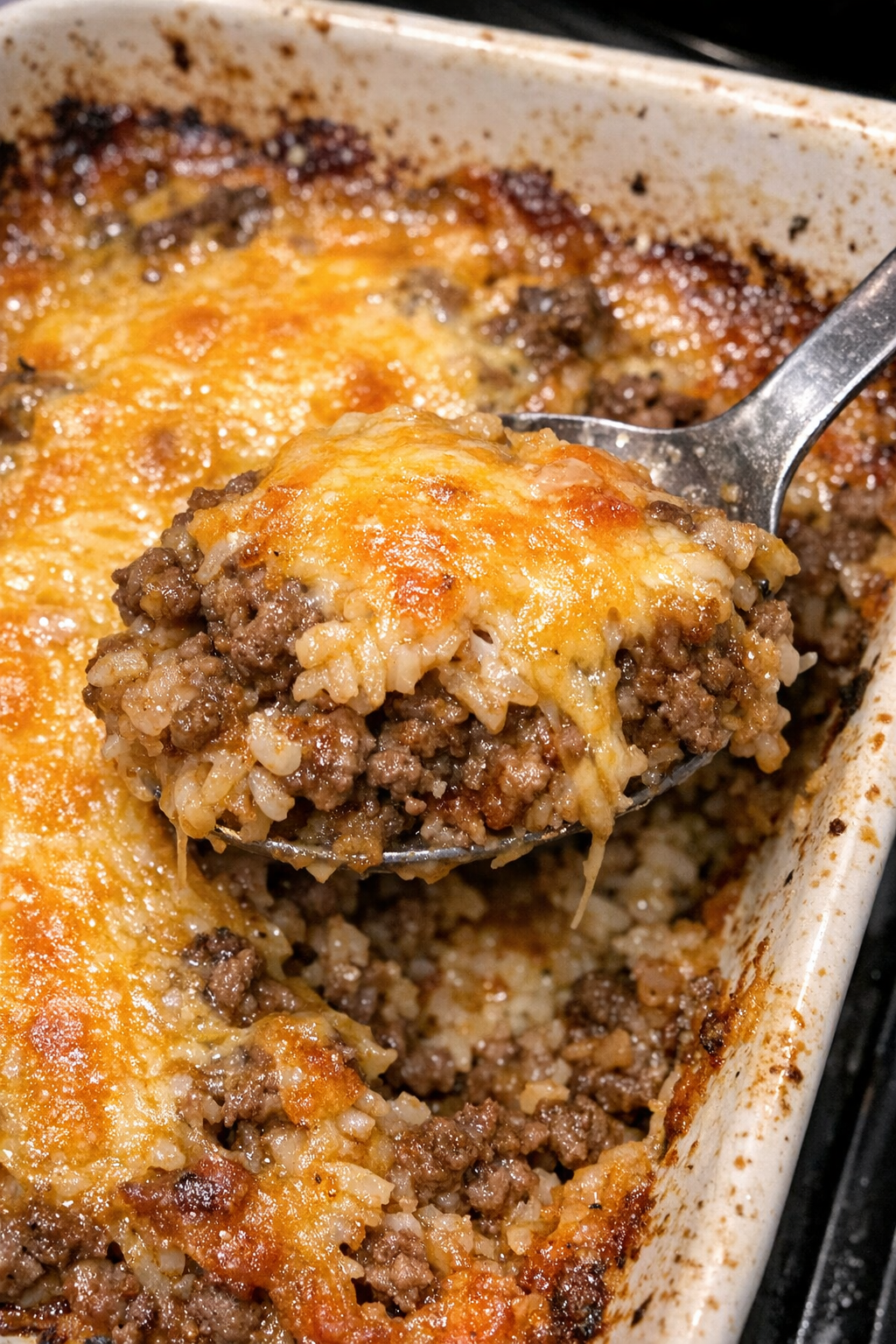 Baked beef casserole with melted cheddar in a baking dish