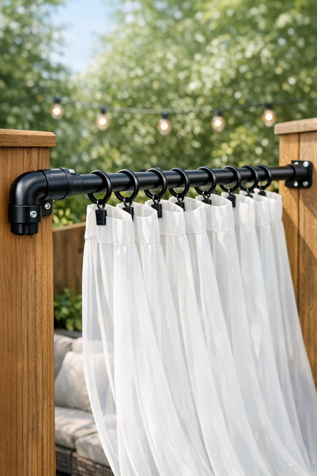 Finished outdoor curtain rod with sheer panels between wooden posts