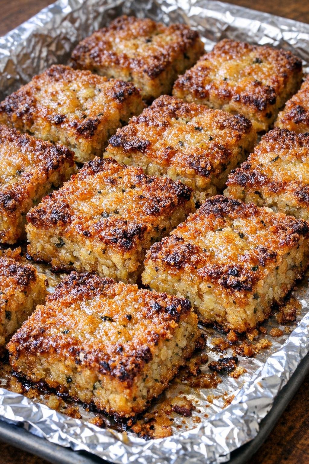 Southern 3-ingredient crispy stuffing squares on a foil-lined baking tray