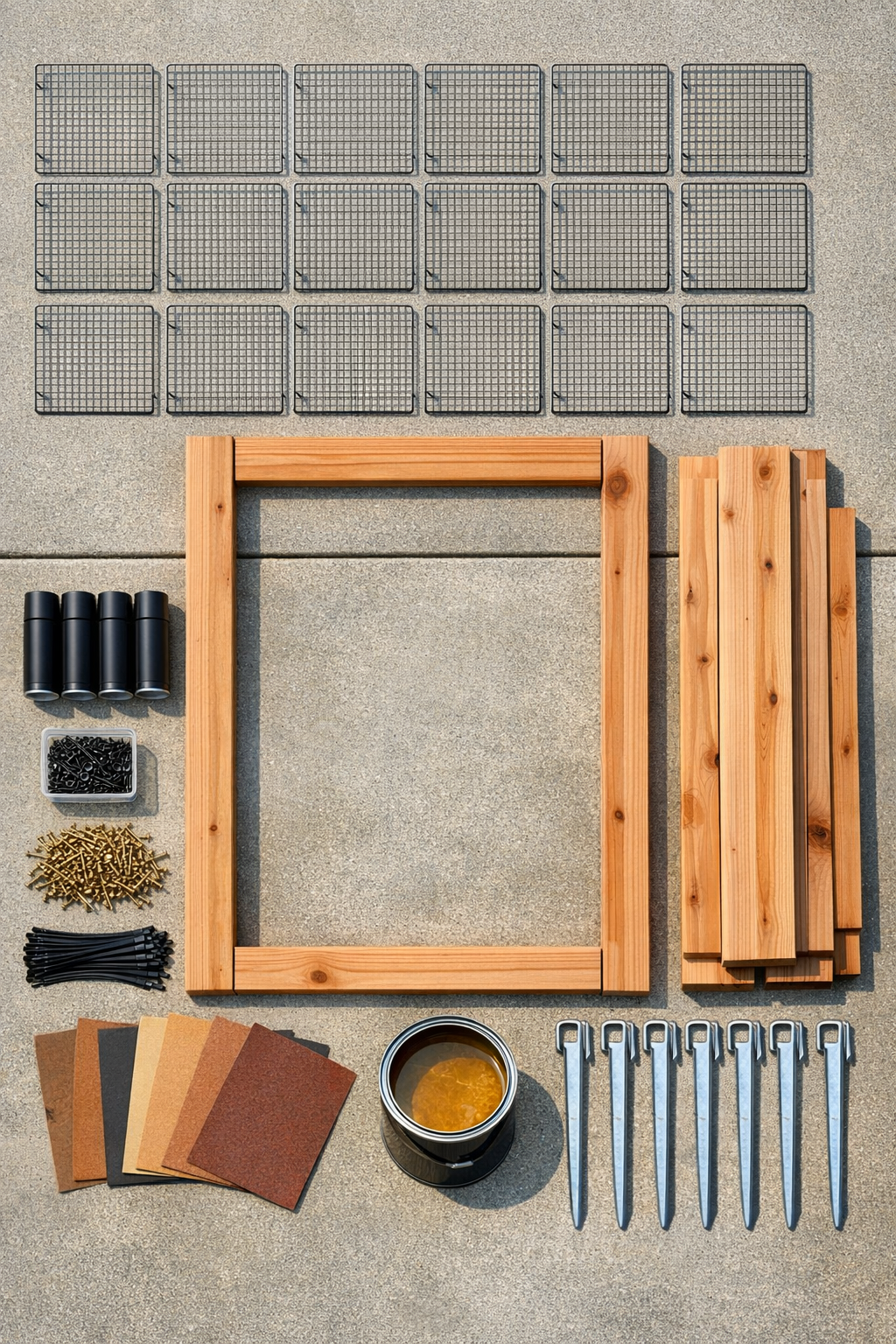 All materials laid out for the privacy screen project