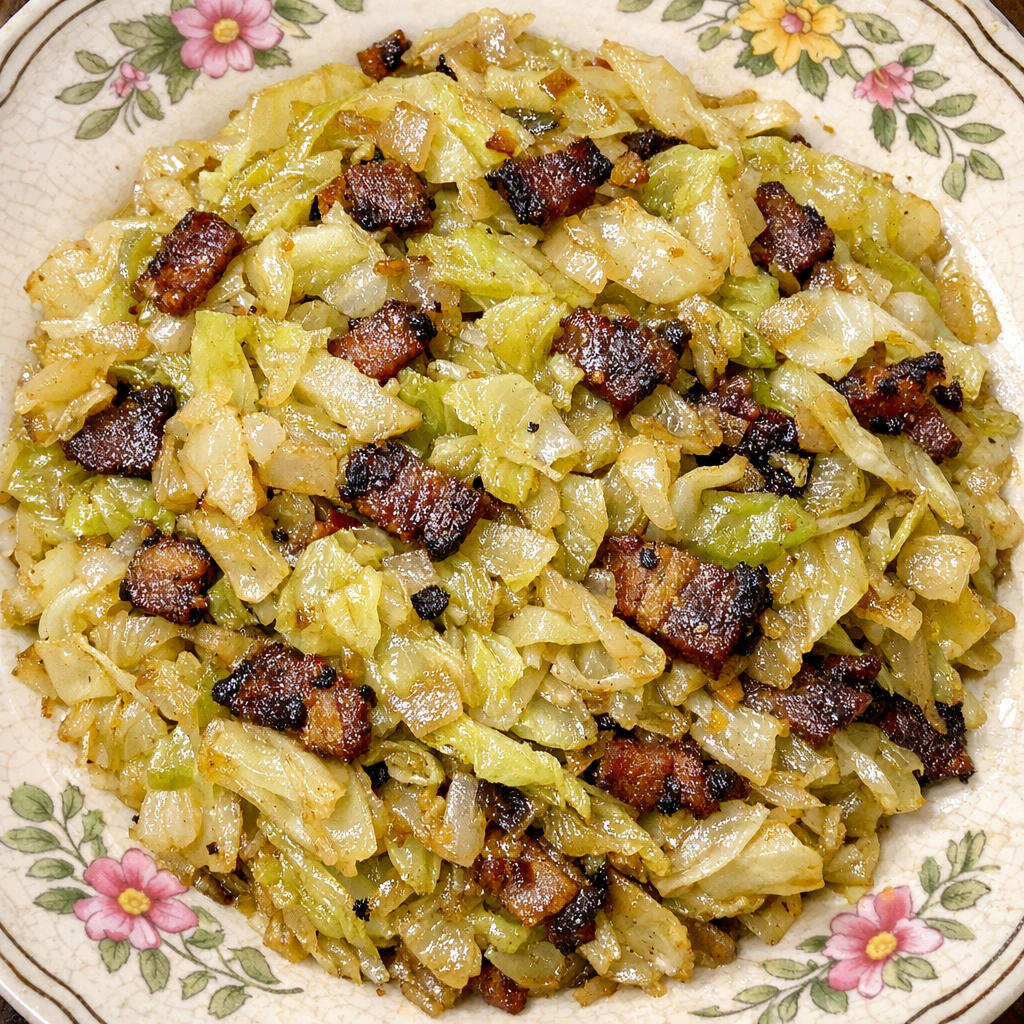 3-ingredient fried cabbage on a floral patterned serving plate