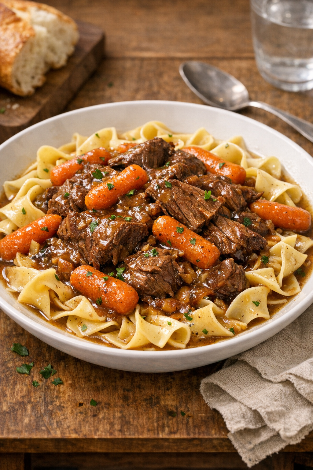 Finished Amish carrot beef pasta plated in a shallow bowl
